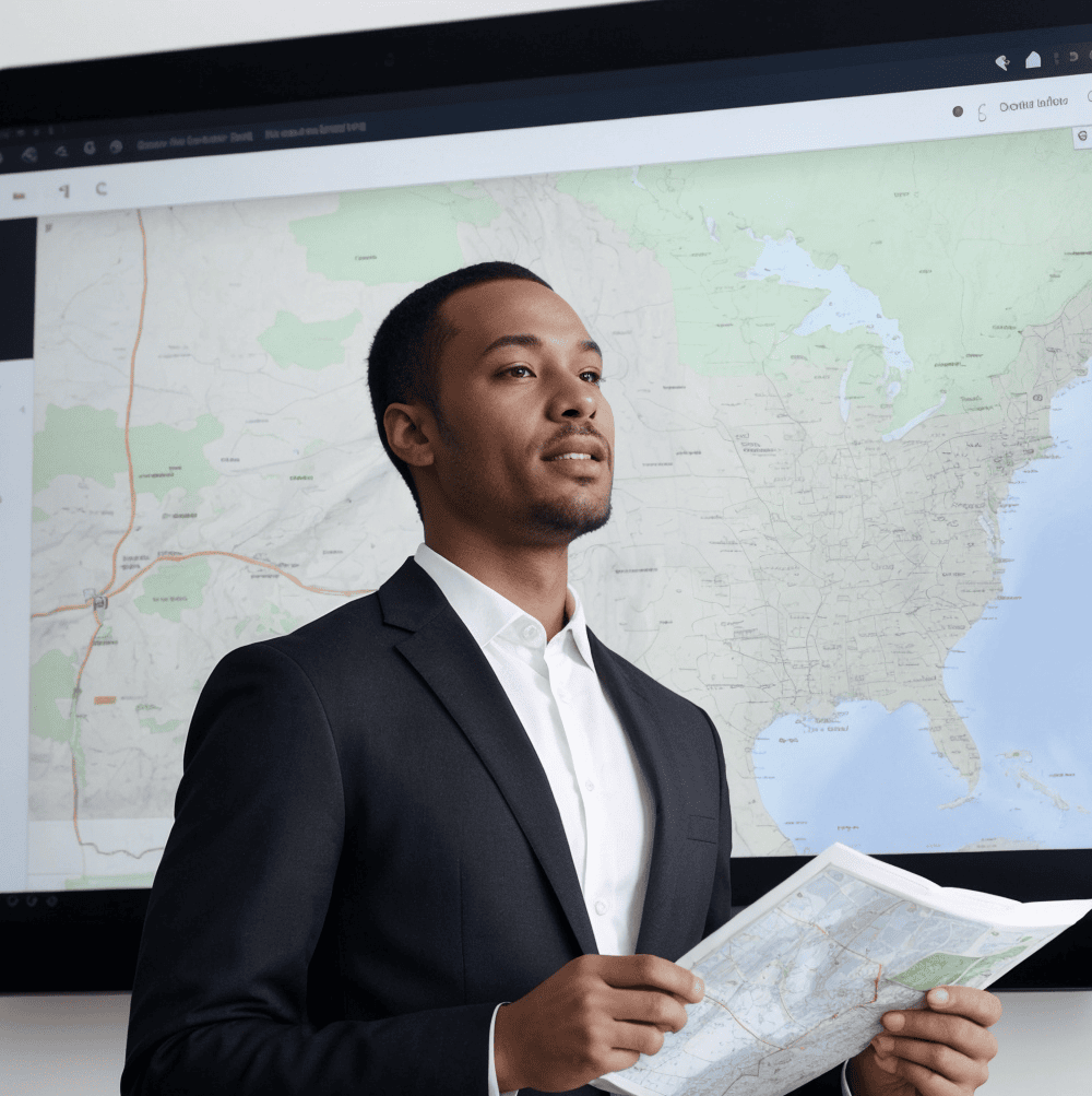 real estate professional presenting in front of a map