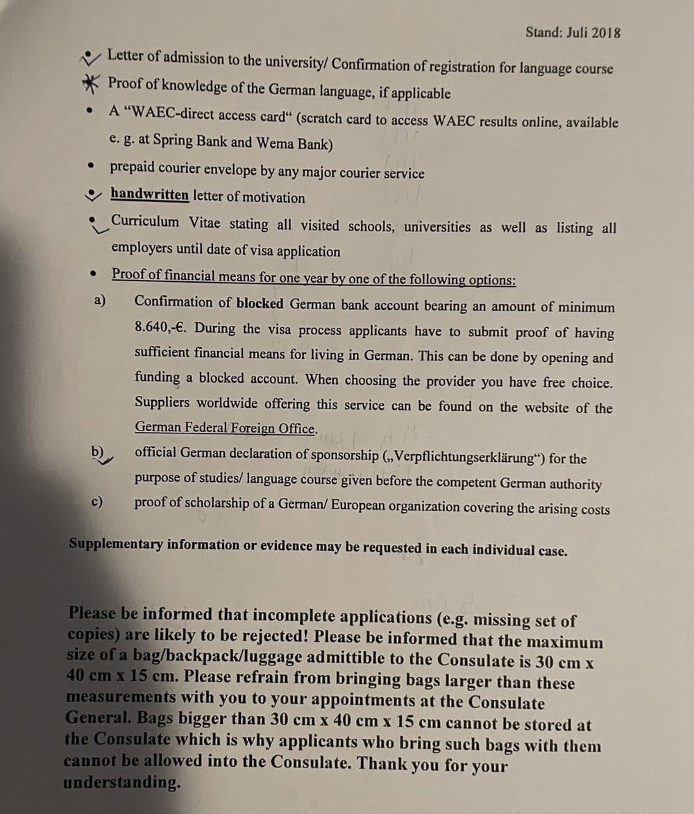 Page 2 of the German Consulate General Lagos student visa checklist, July 2018 version, listing the proof of finances options: a blocked account of 8,640 euros, a Verpflichtungserklaerung or a scholarship, with the sponsorship option ticked.