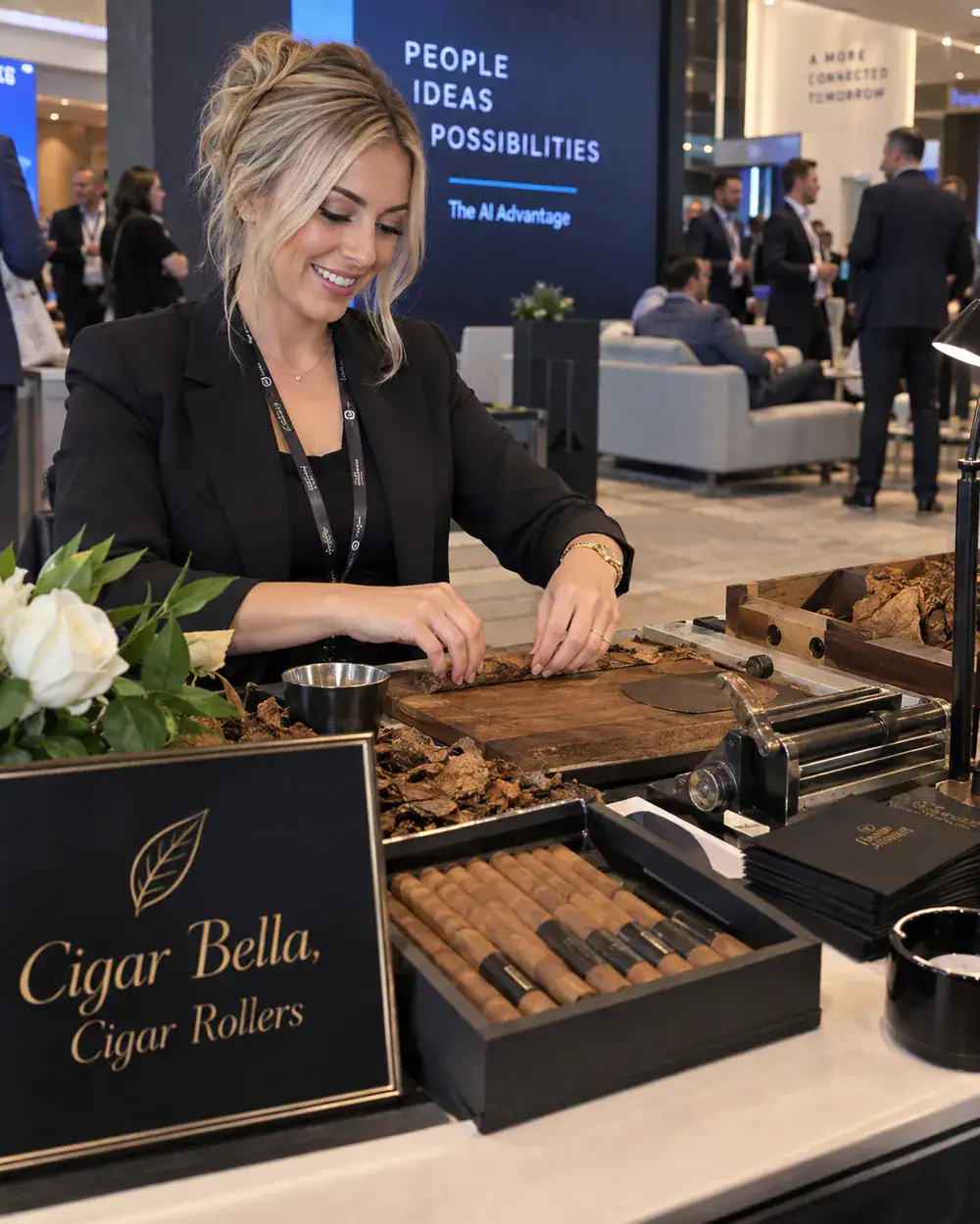 professional female cigar roller at an executive conference and corporate hospitality event