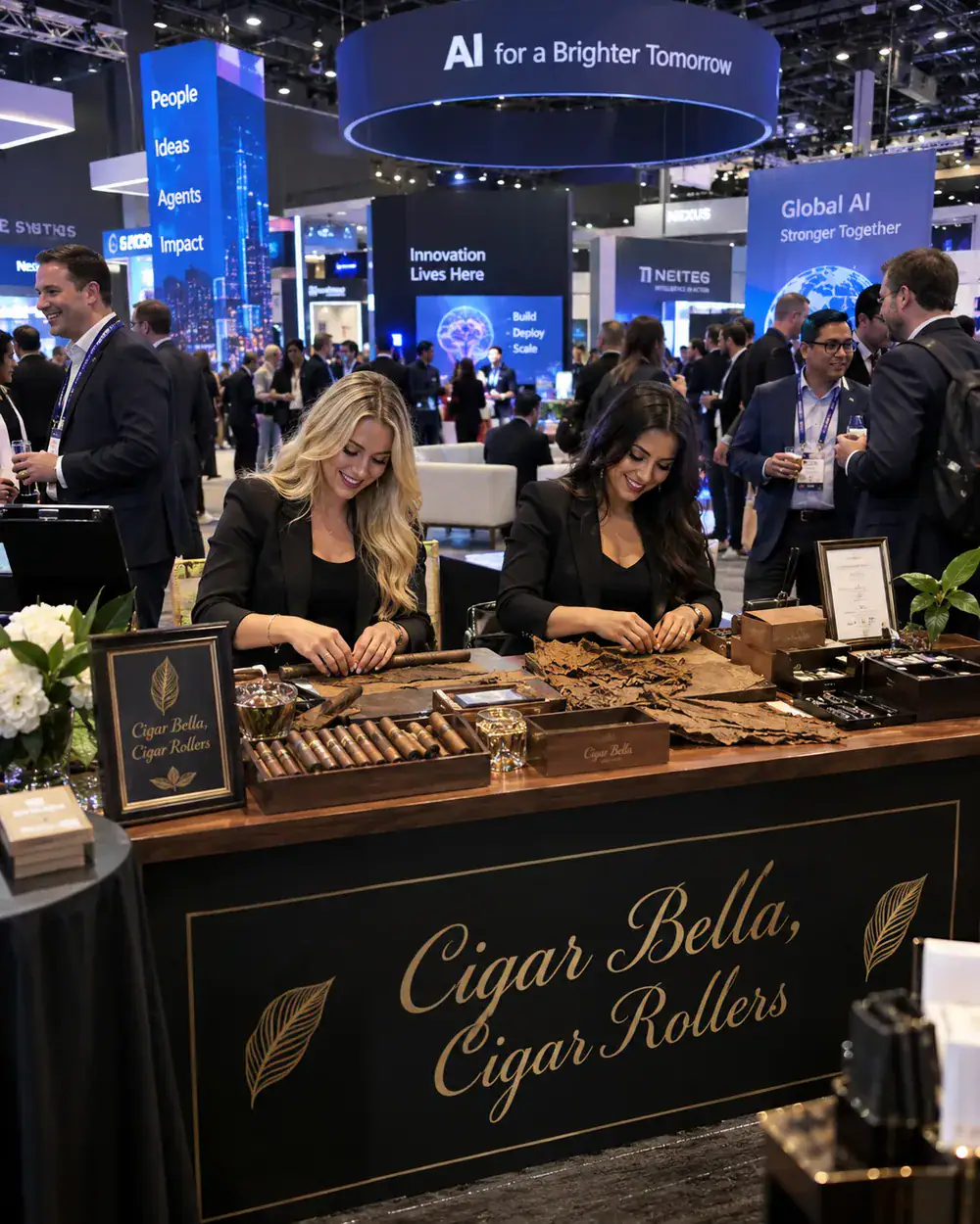 two professional female cigar rollers at a corporate AI trade show and convention