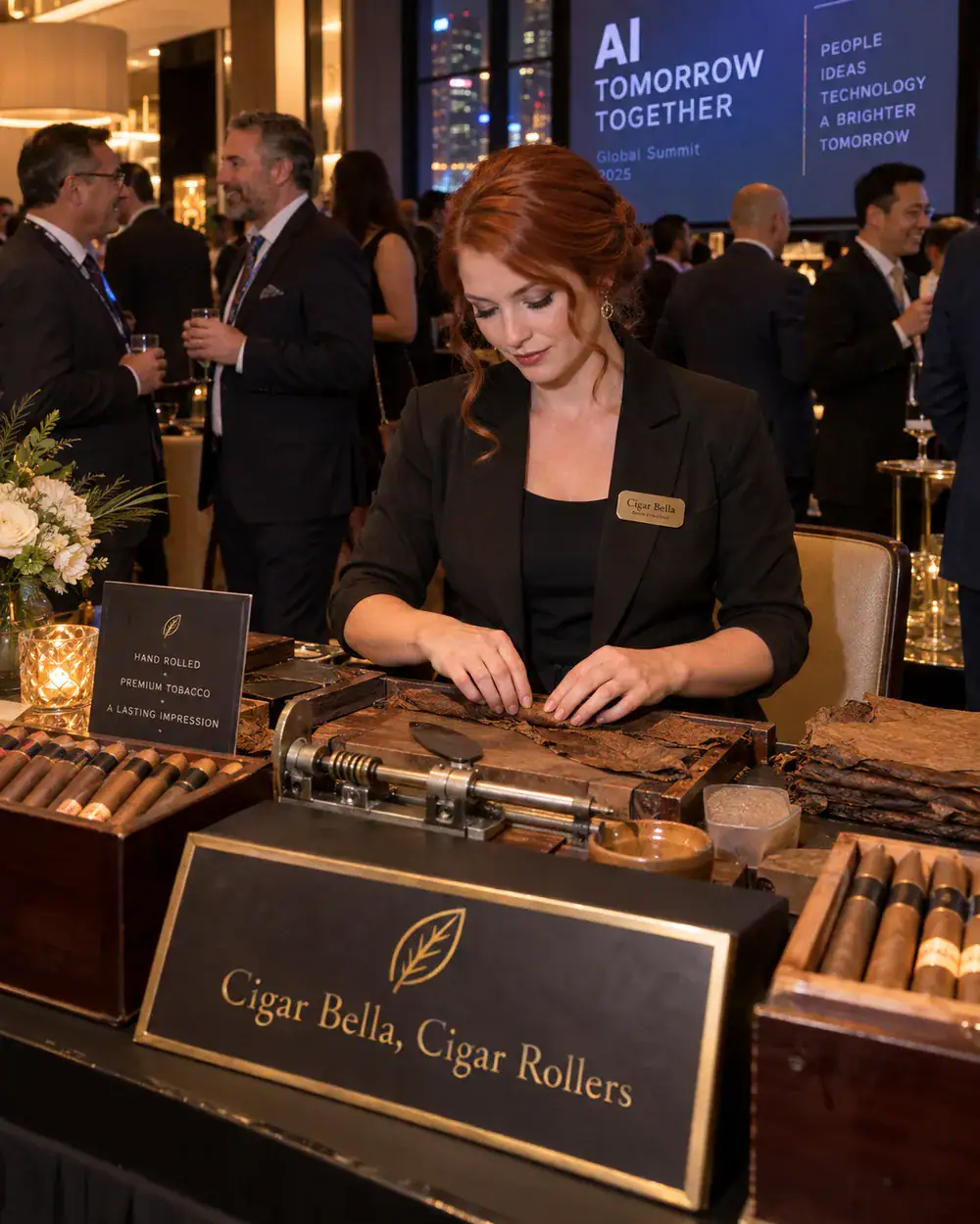 Cigar Bella female cigar roller providing live cigar rolling during a corporate networking event