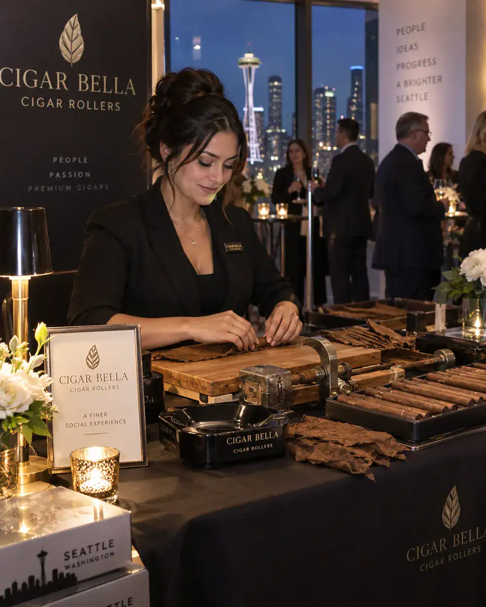 Female Cigar Bella cigar roller providing live cigar rolling at a downtown Seattle corporate event