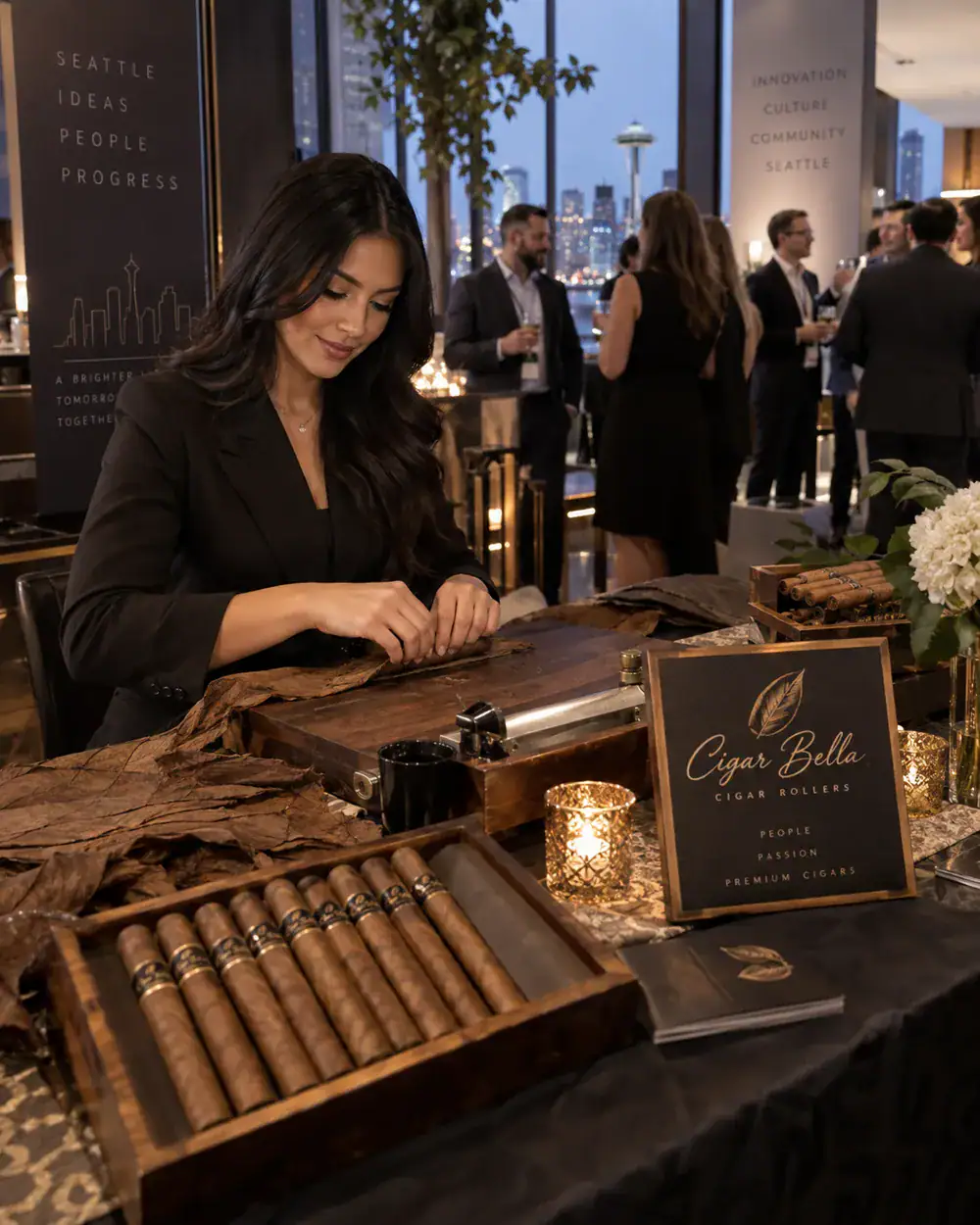 Cigar Bella female cigar roller at an elegant Seattle reception with the Space Needle in view