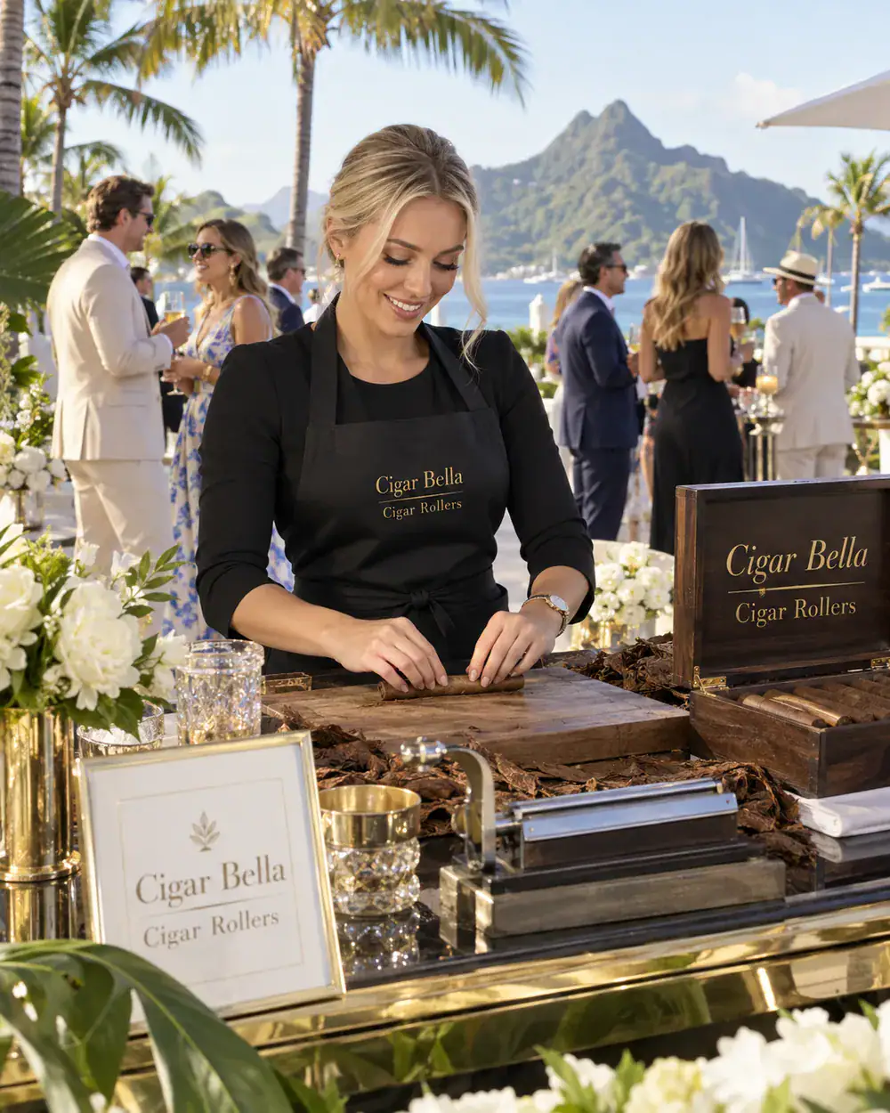 professional female cigar roller providing live cigar rolling at a luxury Caribbean destination event