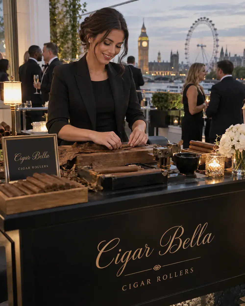 professional female cigar roller providing live cigar rolling for a corporate or luxury event in London