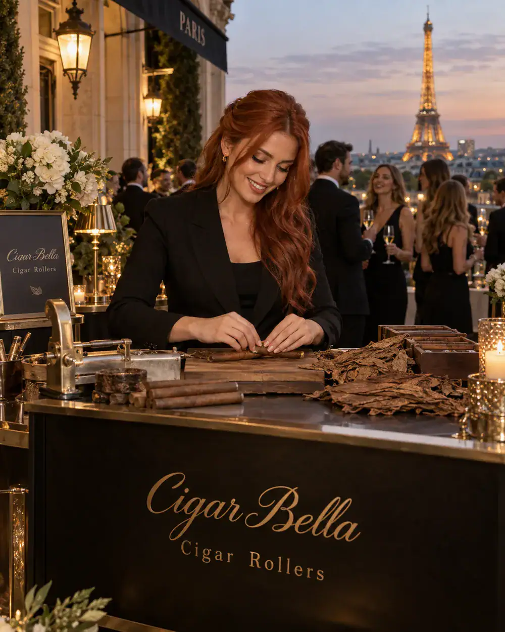 professional female cigar roller providing live cigar rolling for a luxury international event in Paris France