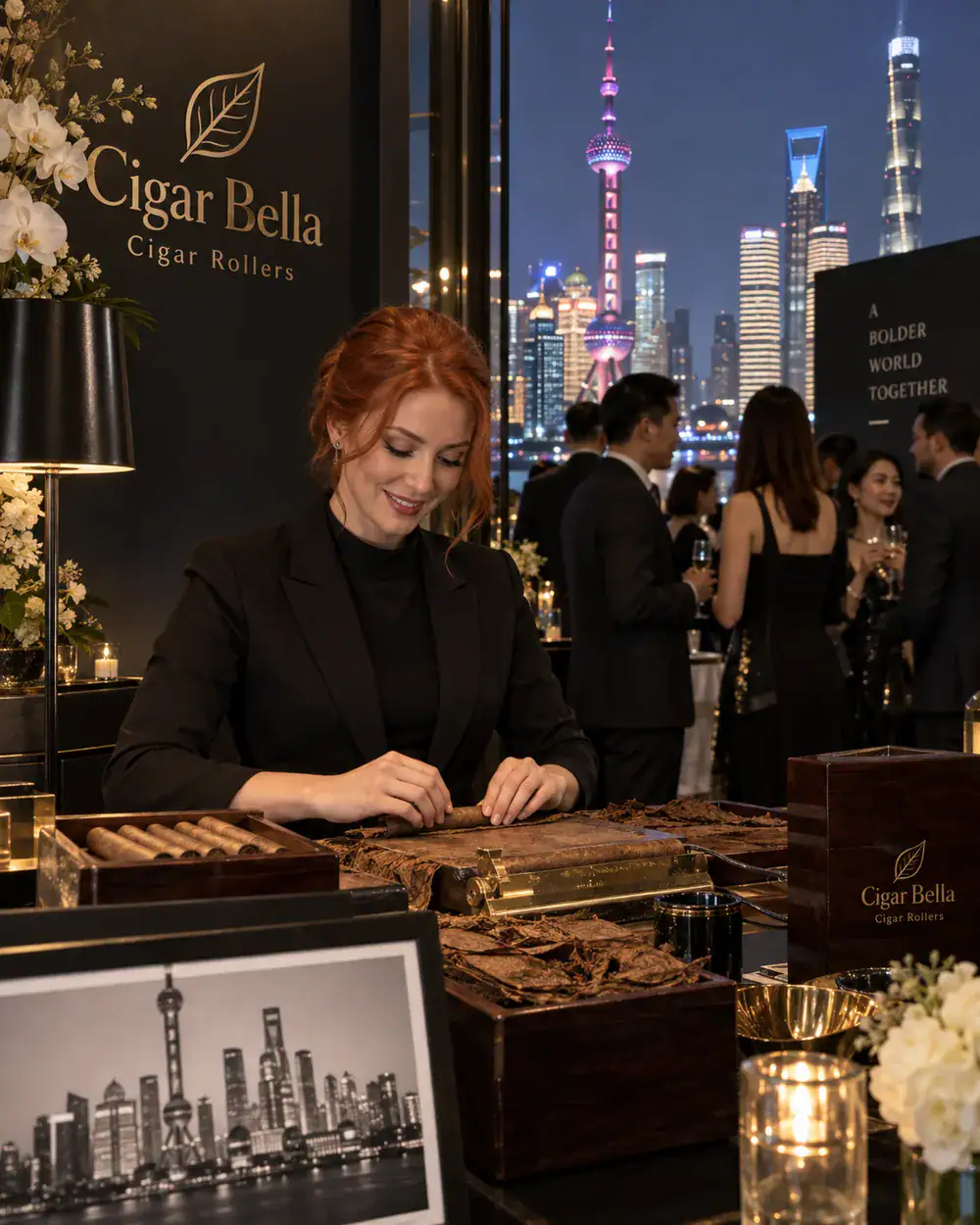 professional female cigar roller providing live cigar rolling for a luxury corporate event in Shanghai China