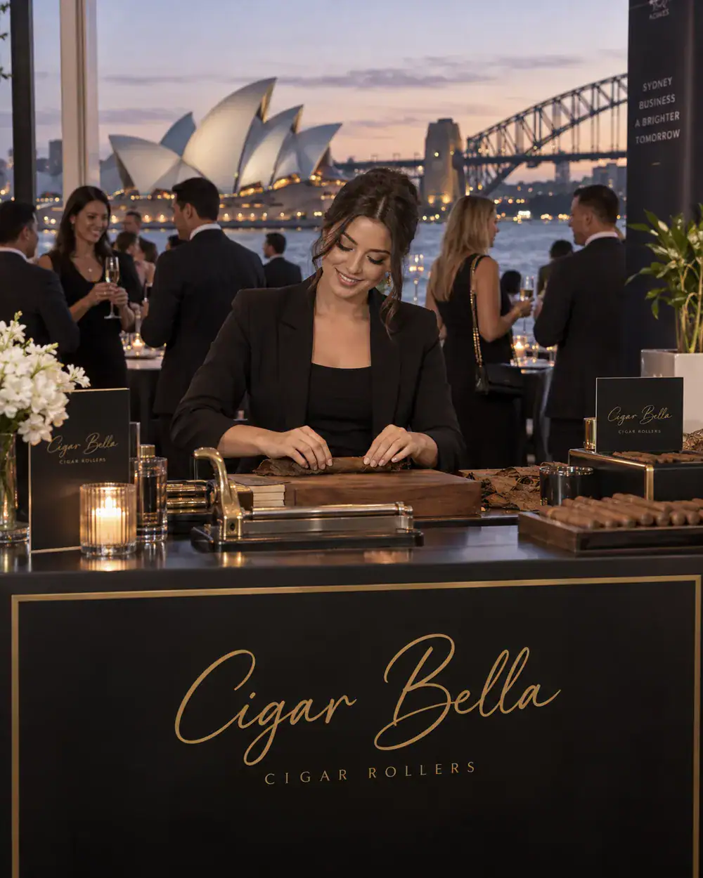 professional female cigar roller providing live cigar rolling for an upscale event in Sydney Australia