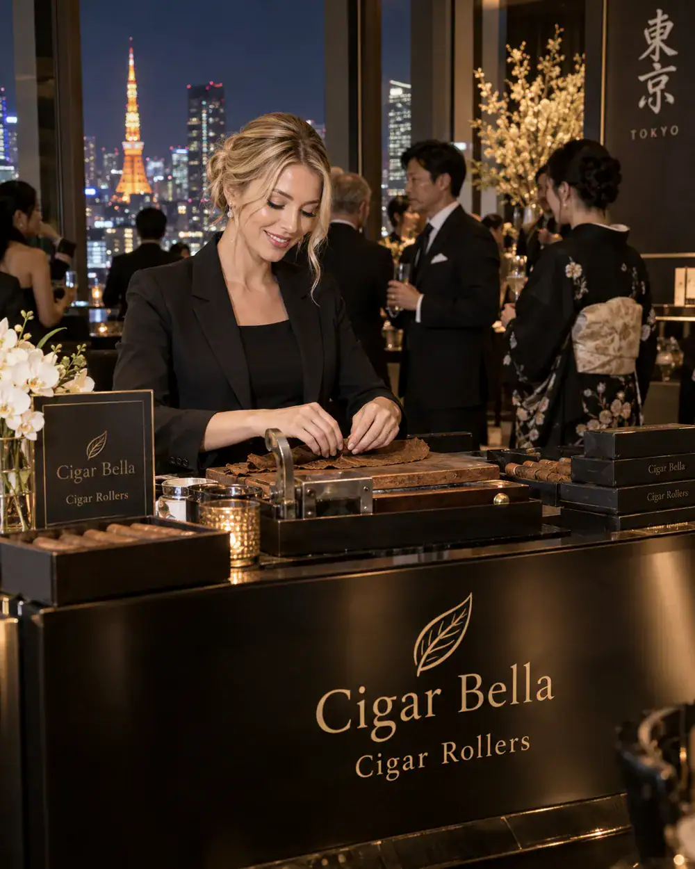 professional female cigar roller providing live cigar rolling for a luxury event in Tokyo Japan