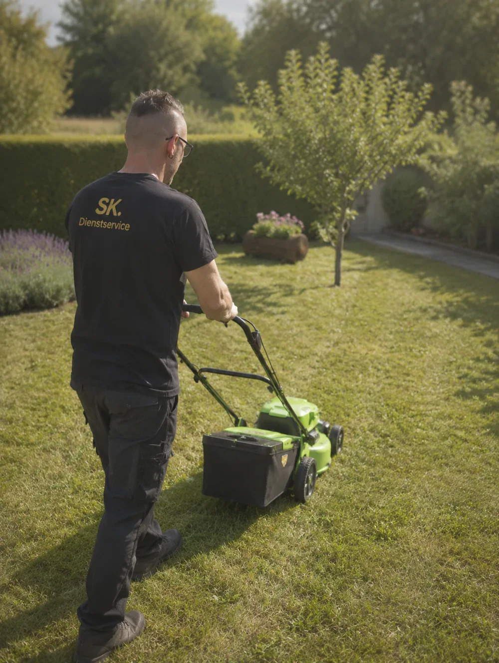 Der Inhaber von S.K-Dienstservice bei der Gartenpflege mit einem Rasenmäher