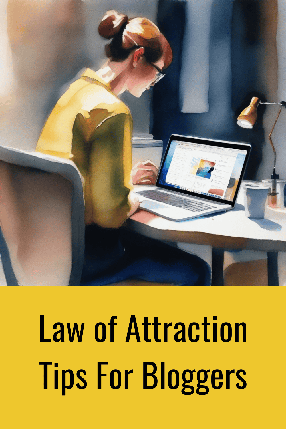 Image show a lady wearing a yellow cardigan sitting at a desk typing on her laptop.
Blog post: Law of attraction tips for bloggers