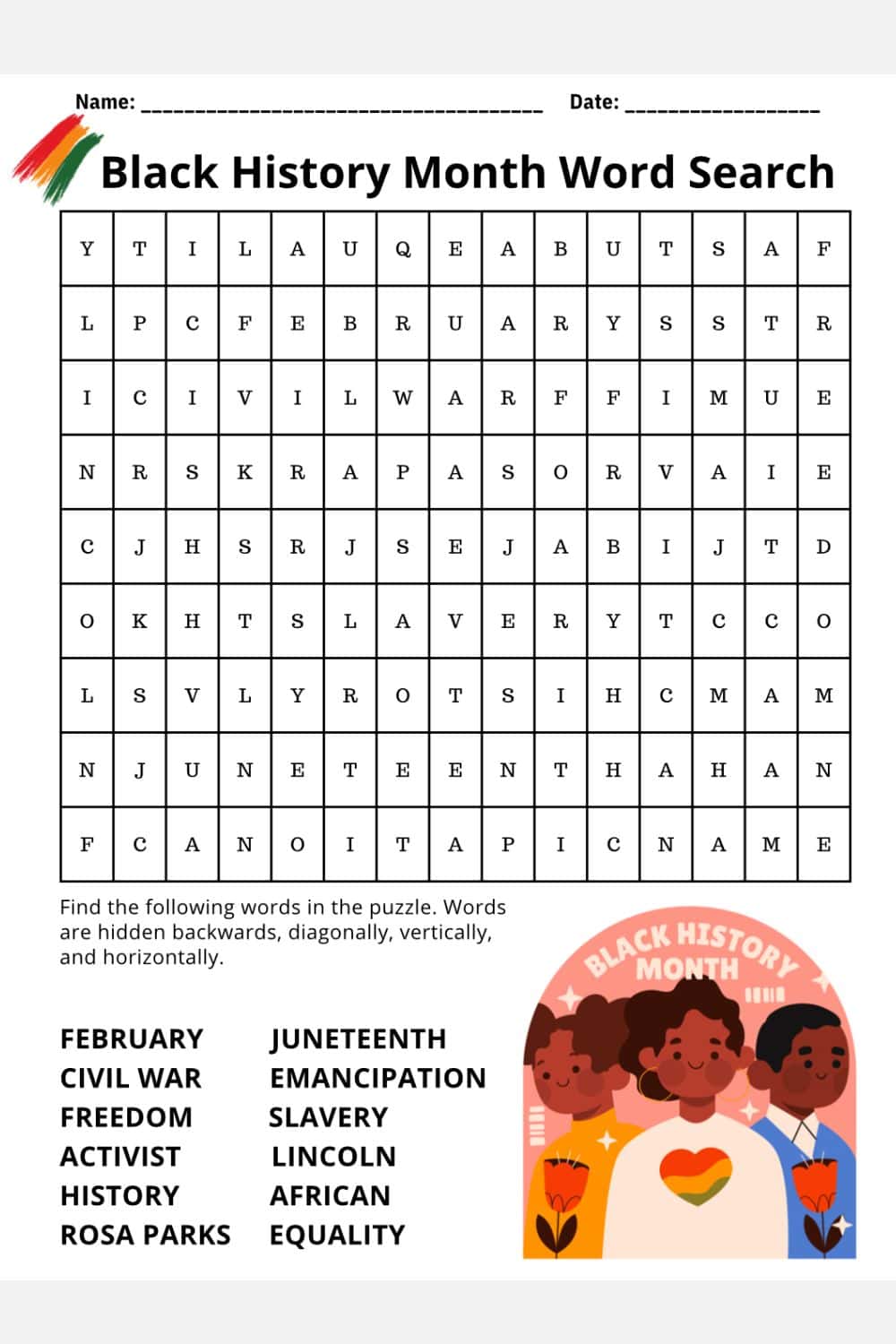 advanced Black History Month Word Search puzzle