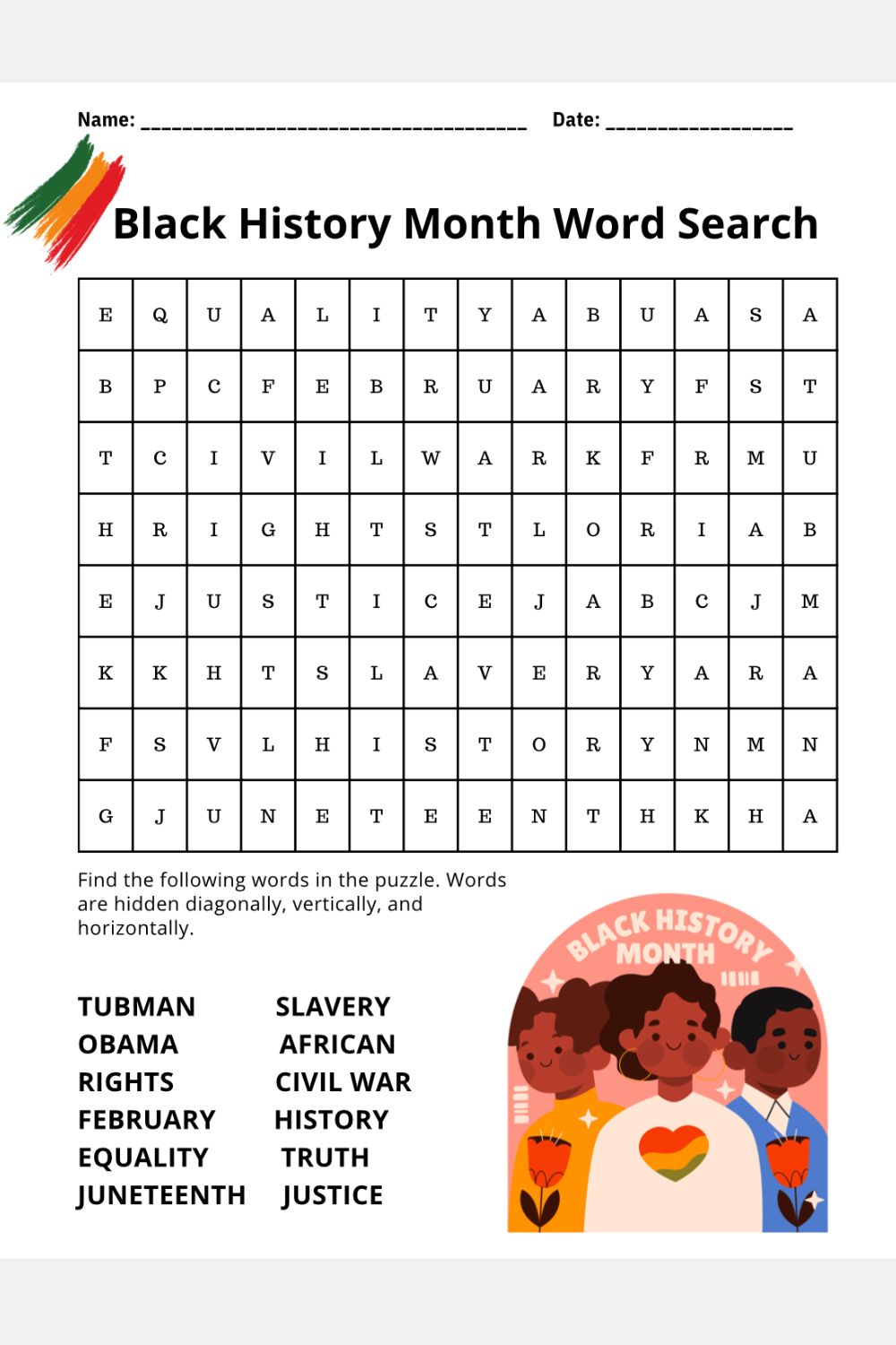 Intermediate Black History month Word Search