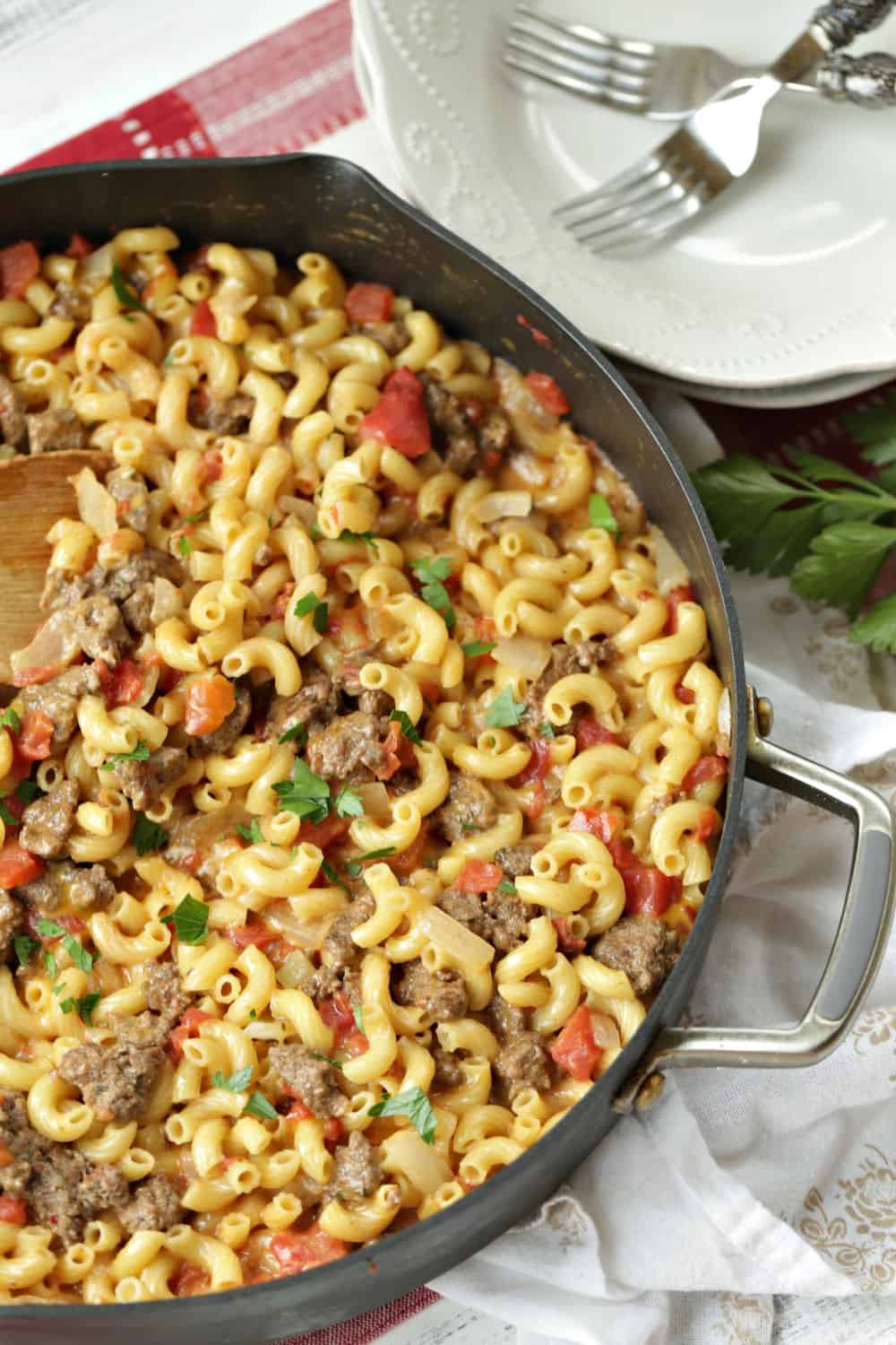 This one-pot Cheeseburger Skillet Casserole is just like that cheeseburger macaroni we all loved as kids, but only better because it is homemade. It's an easy and delicious budget-friendly dinner idea.