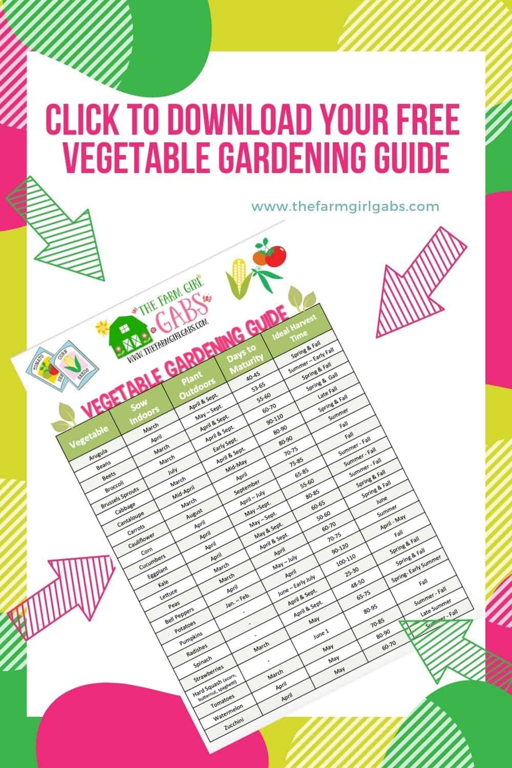 Get Your Garden Growing this spring. This Printable Vegetable Gardening Guide has an extensive list of vegetables to grow in your garden. #gardeningtips #gardeningideas #vegetablegarden 