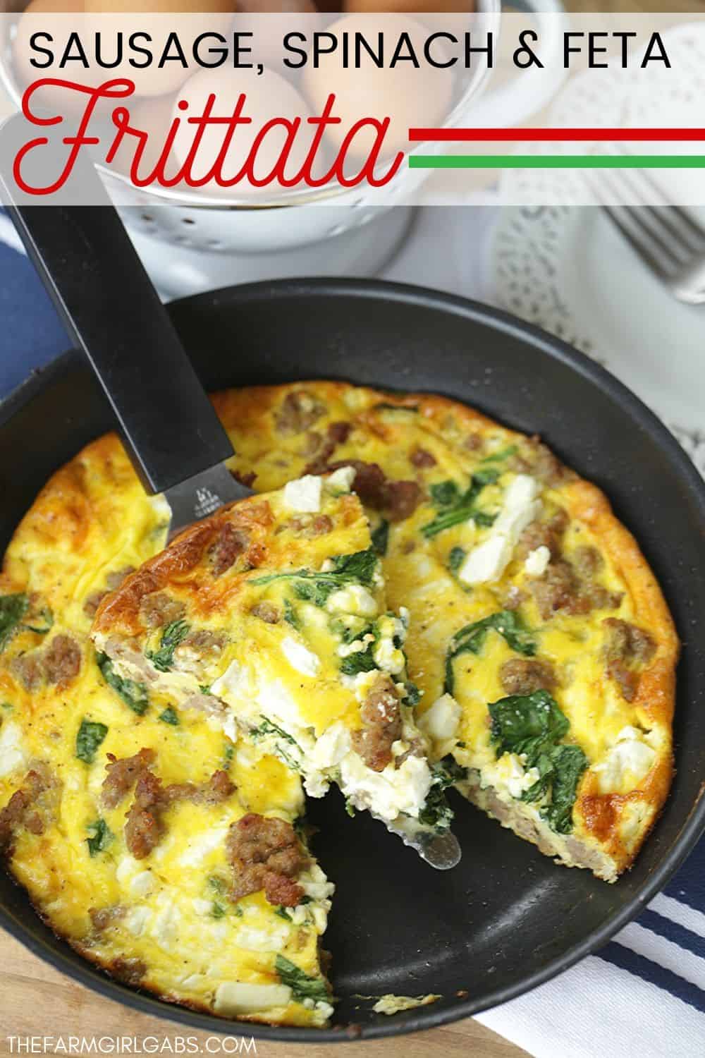 Start your day off right with this Sausage, Spinach and Feta Frittata recipe. This easy frittata recipe is perfect for breakfast or brunch. This make-ahead breakfast option is perfect throughout the week for a quick meal or snack. #frittata #sausagefrittata