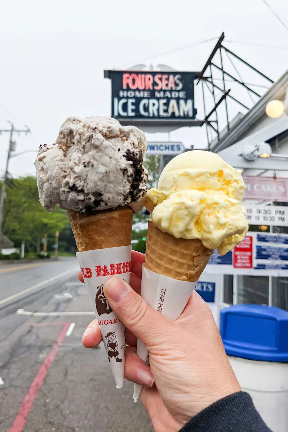 Four Seas cookies and cream and lemon crisp ice cream cones
