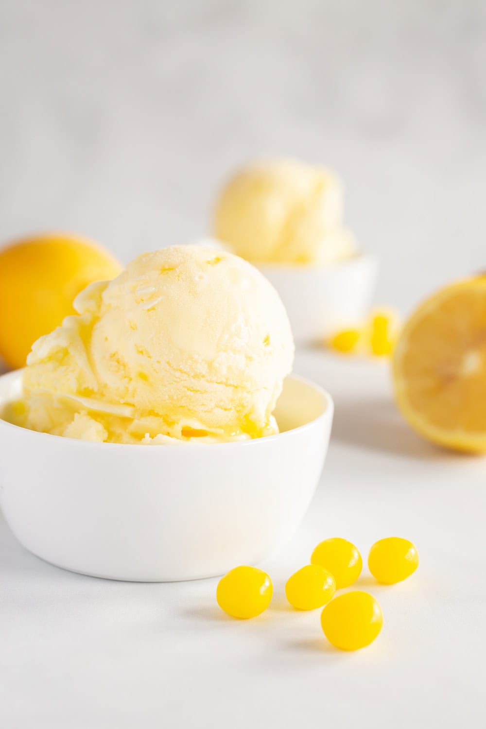 bowls of lemon crisp ice cream with Lemonhead candies