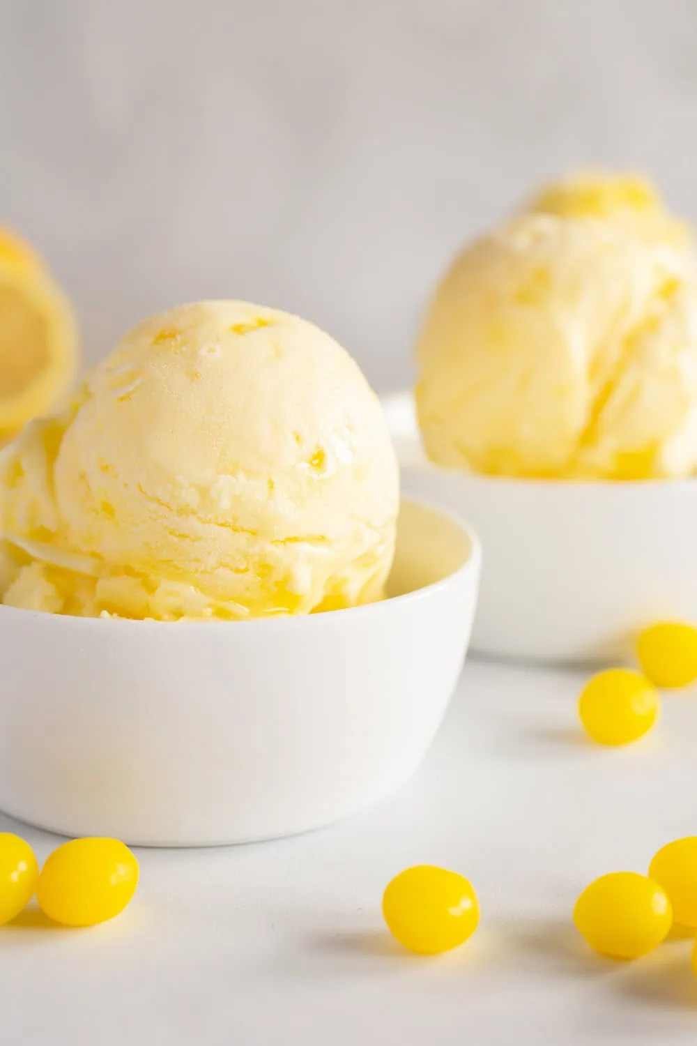 bowls of lemon crisp ice cream with Lemonhead candies