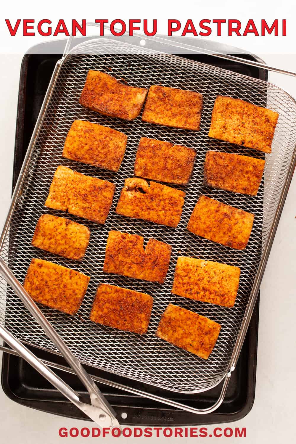 air fryer rack of cooked vegan tofu pastrami