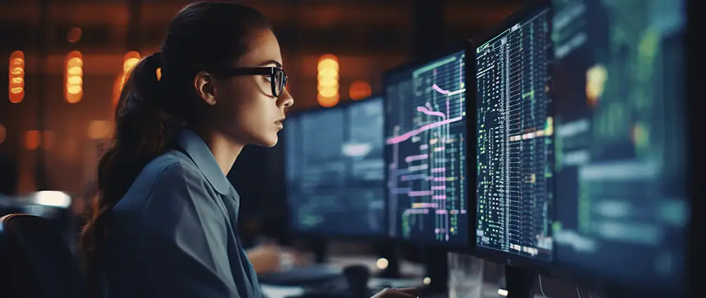 Woman sitting at a computer monitor