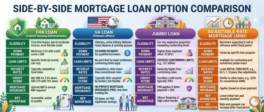 Comparison of FHA loans, VA loans, jumbo loans, and adjustable rate mortgage options in Denver