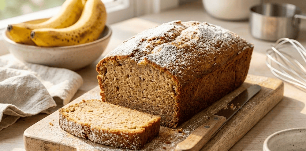 Banana Bread Recipe Without Brown Sugar on a cutting board with bananas