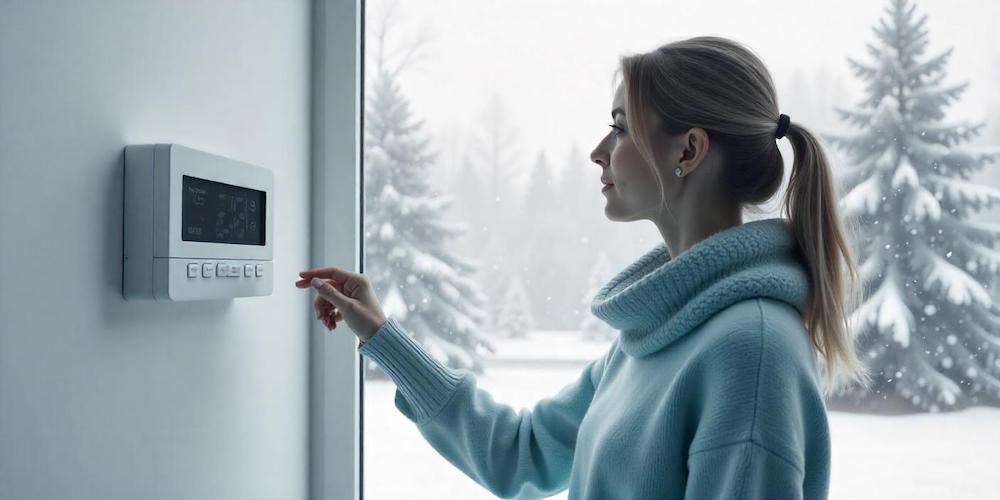 cold woman adjusting thermostat because of heating system problems