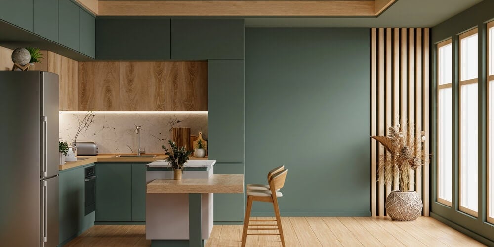 Created a classic green kitchen concept with Webster Green HC-130 on the lower cabinets + island, styled with aged brass hardware, warm wood worktops, and creamy tiles.