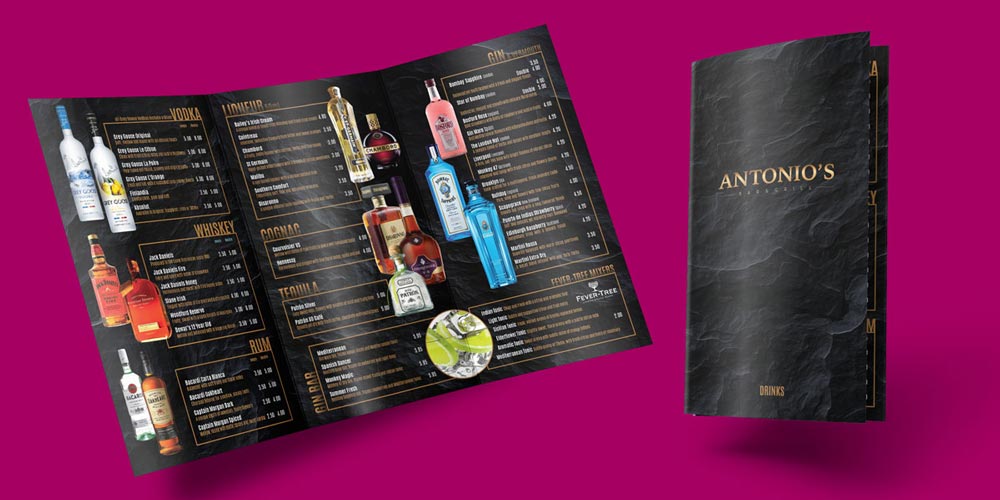 Antonios Bar & Grill Drinks Menu: a stylish slate background overlaid with text and drinks images.