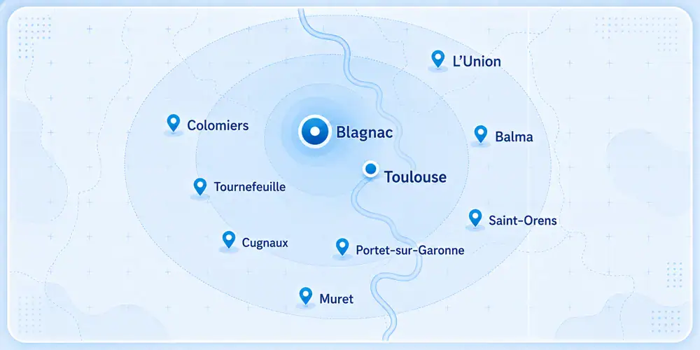 Carte de la zone d'intervention White Net à Blagnac, Toulouse et dans le Grand Toulouse
