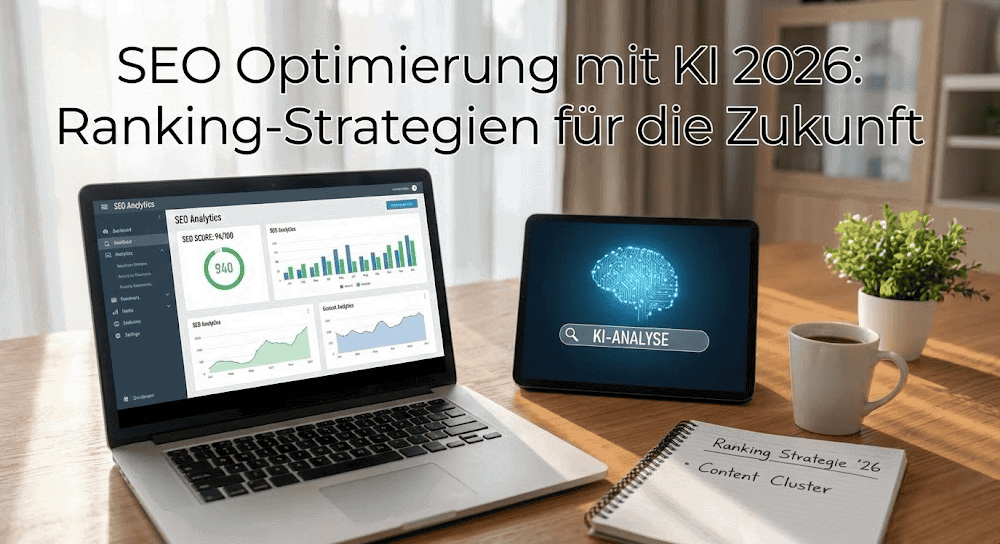 Futuristisches Dashboard zur SEO Optimierung mit KI, das Analysedaten und Rankings für Content Creator 2026 visualisiert.