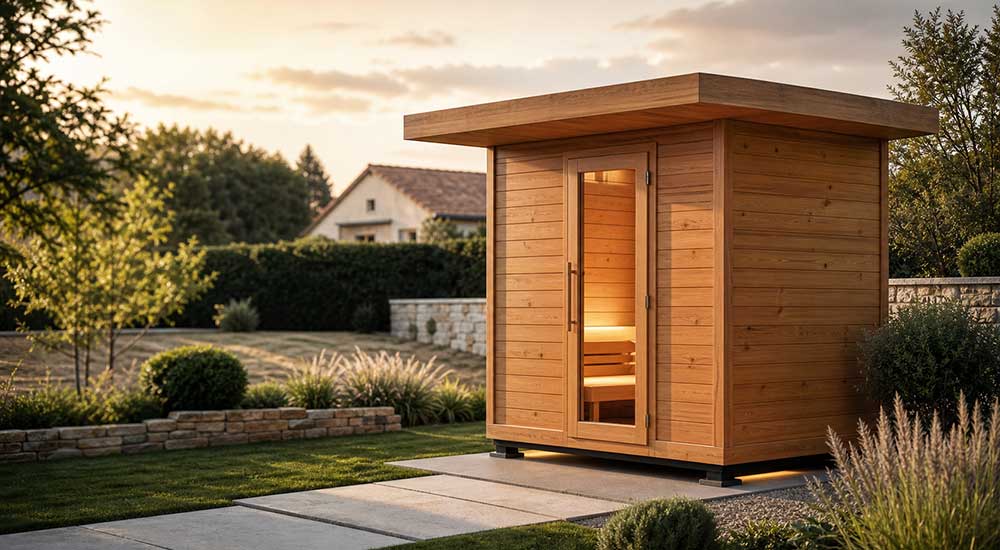 sauna chalet toit plat dans un jardin