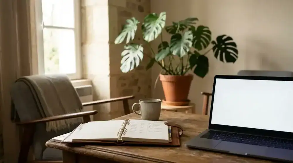 Bureau de thérapeute en France avec ordinateur portable et agenda de rendez-vous