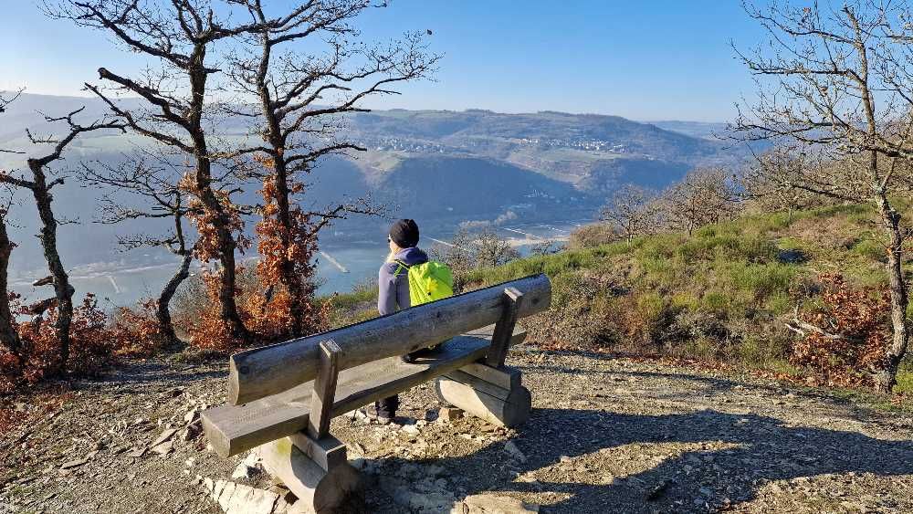 Rastbank mit Rheinblick entlang des Rhein Wisper Glück