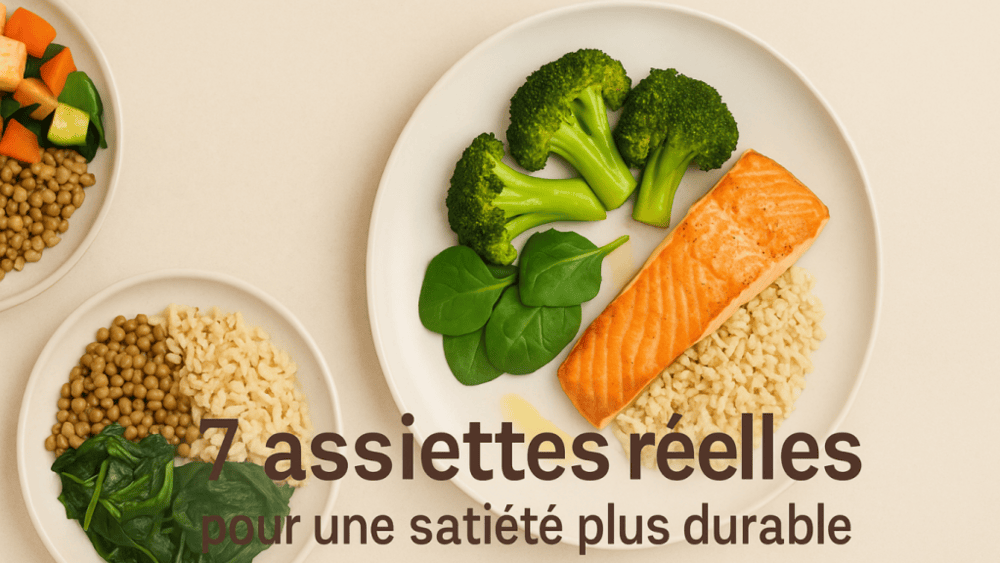 Bannière d’article montrant trois assiettes réelles et équilibrées : saumon, riz complet et brocoli ; lentilles, épinards et riz ; légumes colorés et légumineuses. Fond crème texturé, lumière naturelle. Titre : « 7 assiettes réelles pour une satiété plus durable ».