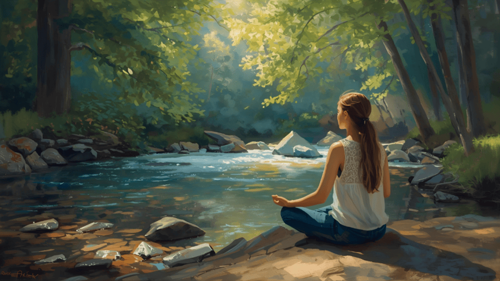 jeune femme qui médite sur le bord d'une rivière