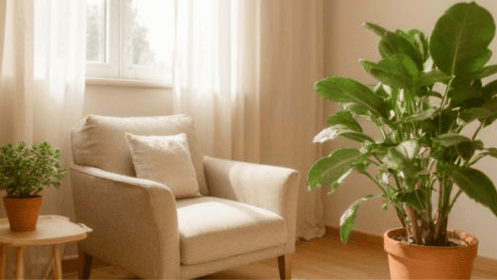 1200×675 px, poids max 200 Ko, famille « environnement seul ») : Photographie lifestyle d'un cabinet de thérapeute vide et accueillant, juste avant l'arrivée d'un client. Un fauteuil en tissu naturel beige, une petite table basse en bois clair avec un carnet fermé, une plante verte en pot de terre cuite, une fenêtre laissant entrer une lumière douce de fin de matinée. Aucune personne. Composition épurée, sensation de calme et de professionnalisme posé. Palette dominante sable, beige et vert olive. Lumière naturelle chaude, ombres douces. Aucun texte, aucun logo.