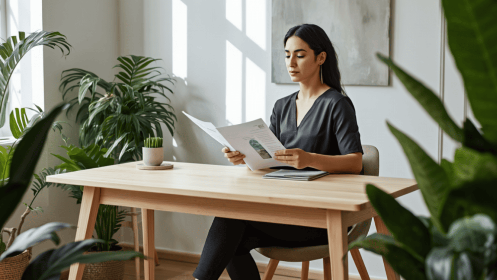 thérapeute holistique lisant attentivement son contrat d'assurance professionnelle