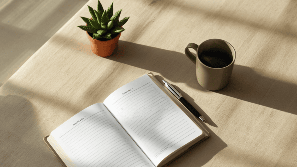 Carnet de rendez-vous, stylo et plante verte sur un bureau, symbolisant la décision d'augmenter ses tarifs pour un thérapeute