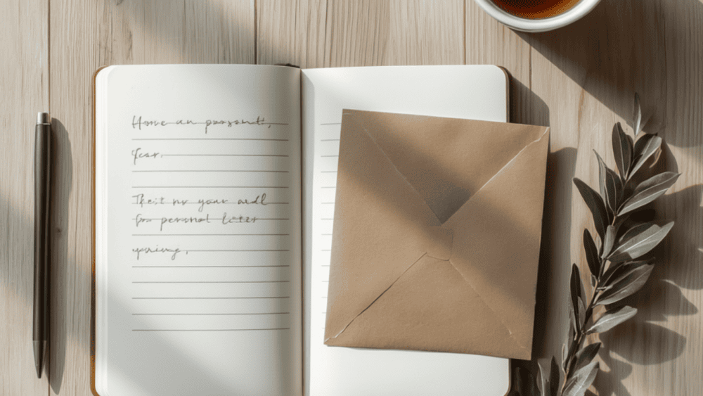 Flat-lay sur bois clair : carnet ouvert avec lignes manuscrites, enveloppe kraft et branche de feuilles séchées évoquant la newsletter thérapeute comme outil de lien humain.