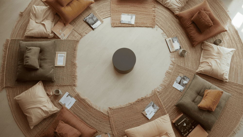 Vue de dessus d'un cercle de coussins et de tapis disposés au sol dans une pièce lumineuse et épurée, prêts pour un atelier de groupe,