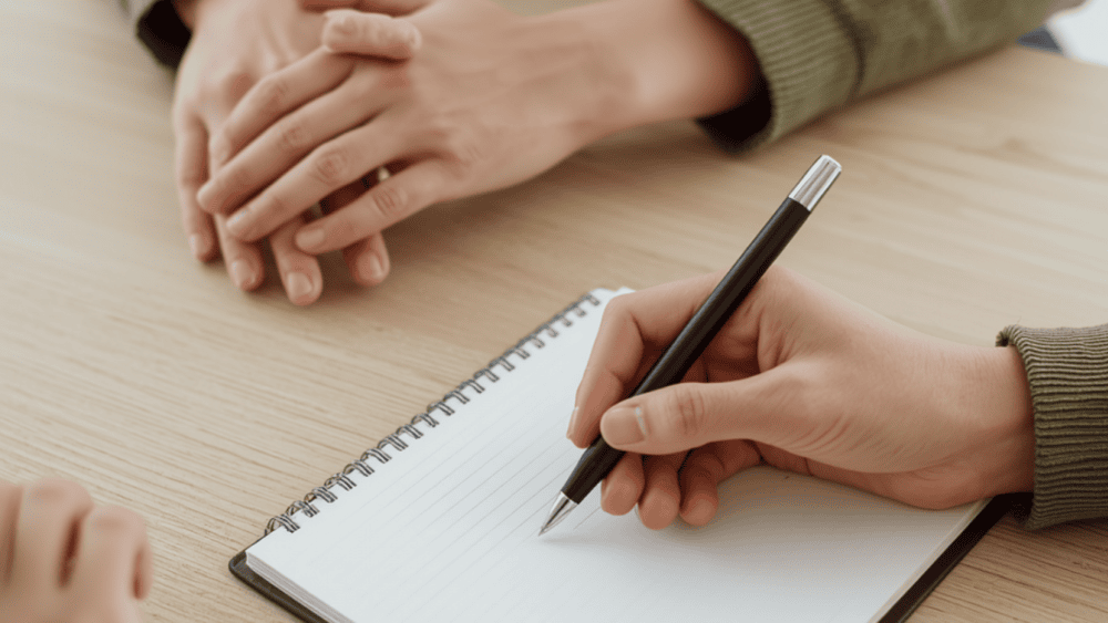Détail de mains lors d'une consultation, illustrant l'art de présenter son activité de thérapeute avec clarté et écoute.
