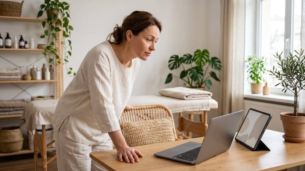 Praticienne bien-être devant son ordinateur portable, comparant deux écrans ouverts côte à côte