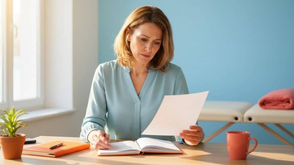Praticienne bien-être assise au bureau de son cabinet, une facture d'annuaire à la main et son agenda ouvert