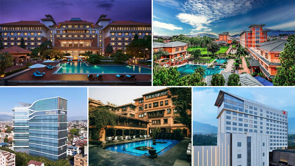 A collage showcasing multiple luxurious hotel properties across Nepal—from sprawling resorts with large pools to modern multi-story buildings like the Hilton highlighting the scale of investment and extensive accommodation capacity.