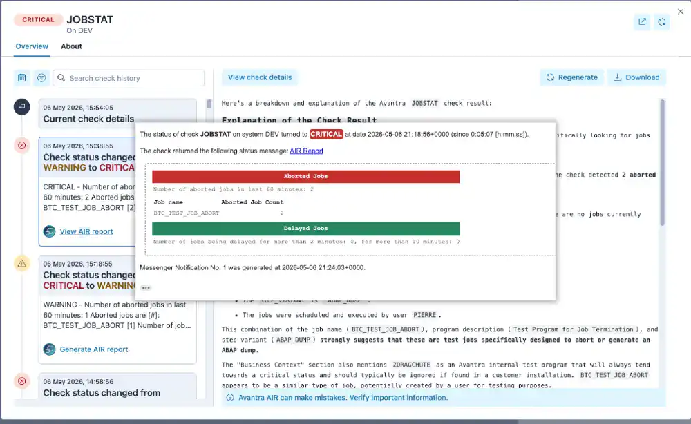 Ein Überwachungsbericht zu SAP-Shortdumps, der den Status „Kritisch“ anzeigt. Die Analyse ergab, dass 72.395 Shortdumps entdeckt wurden, die älter als 7 Tage sind, was auf einen Fehler im SAP-Haushalts- oder Reorganisationsjob hindeutet.