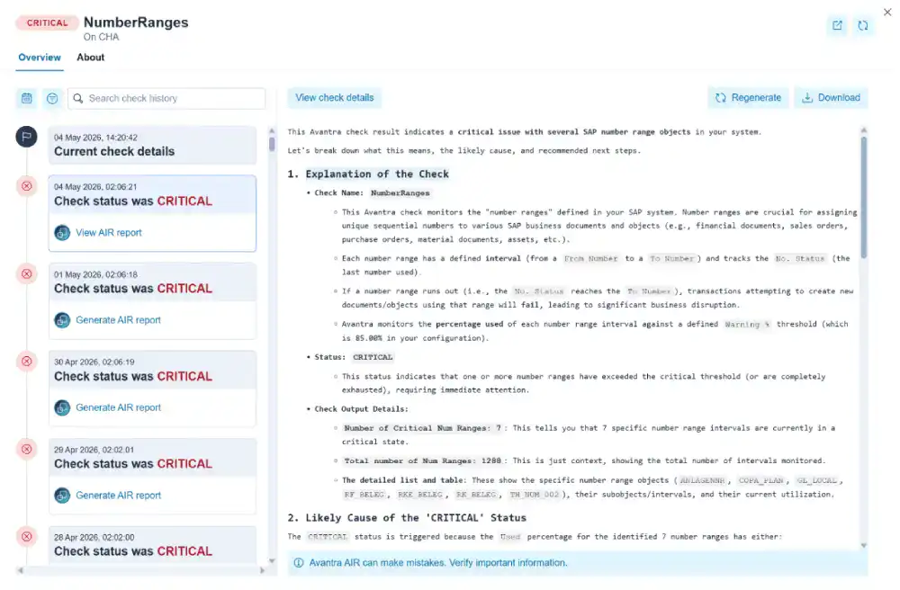 Ein Überwachungsbericht zu SAP-Shortdumps, der den Status „Kritisch“ anzeigt. Die Analyse ergab, dass 72.395 Shortdumps entdeckt wurden, die älter als 7 Tage sind, was auf einen Fehler im SAP-Haushalts- oder Reorganisationsjob hindeutet.