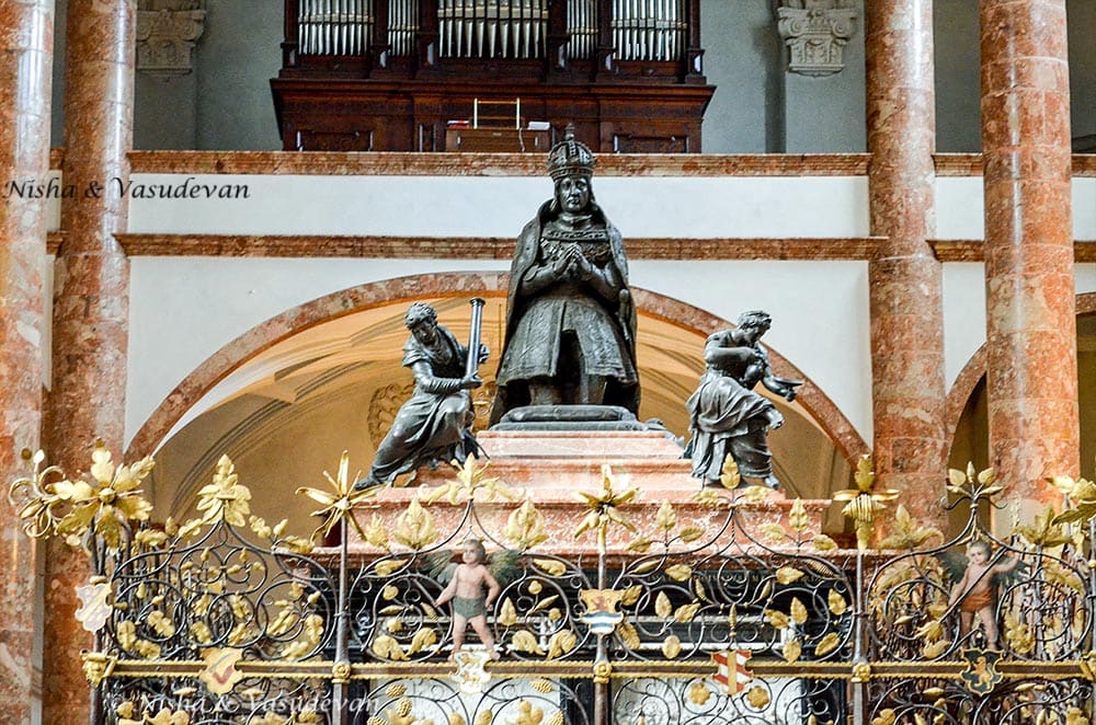 Statue of Maximilian I at his cenotaph, inside the Court Church Innsbruck, Austria. Self guided walking tour of innsbruck old city of innsbruck