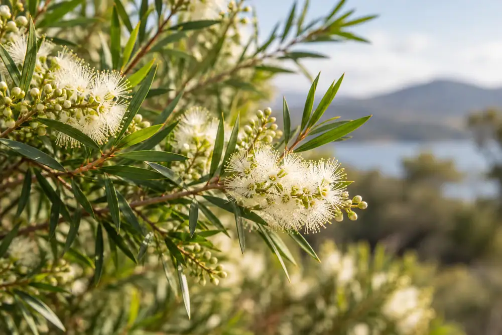 Fiori bianchi di tea tree Melaleuca alternifolia su rami verdi in habitat naturale